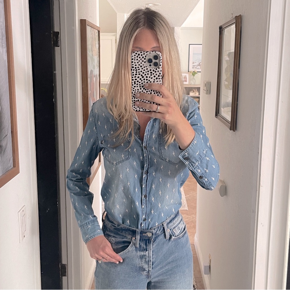 VANS Lightning Print Button Down Denim Shirt with Tortoiseshell Buttons